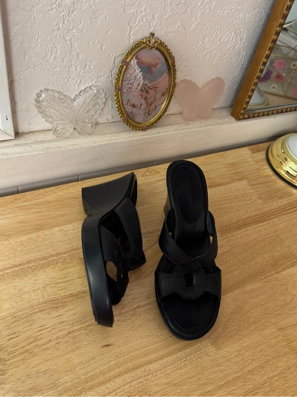 Nine West Black Leather Platform Wedge Slide Sandals Size 7.5 Y2K Minimalist